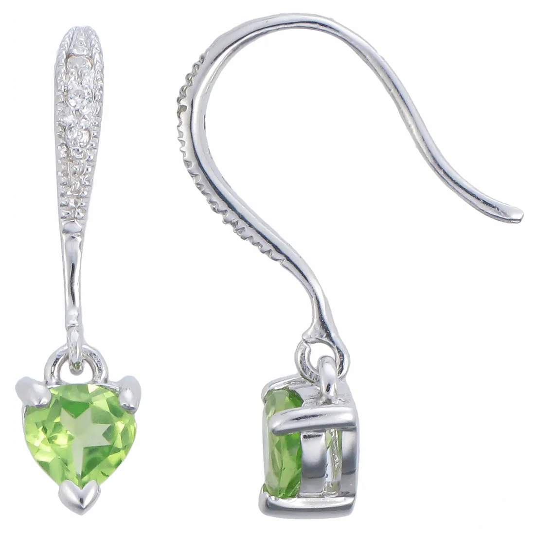 0.65 cttw Peridot Dangle Earrings .925 Sterling Silver With Rhodium 5 MM Heart