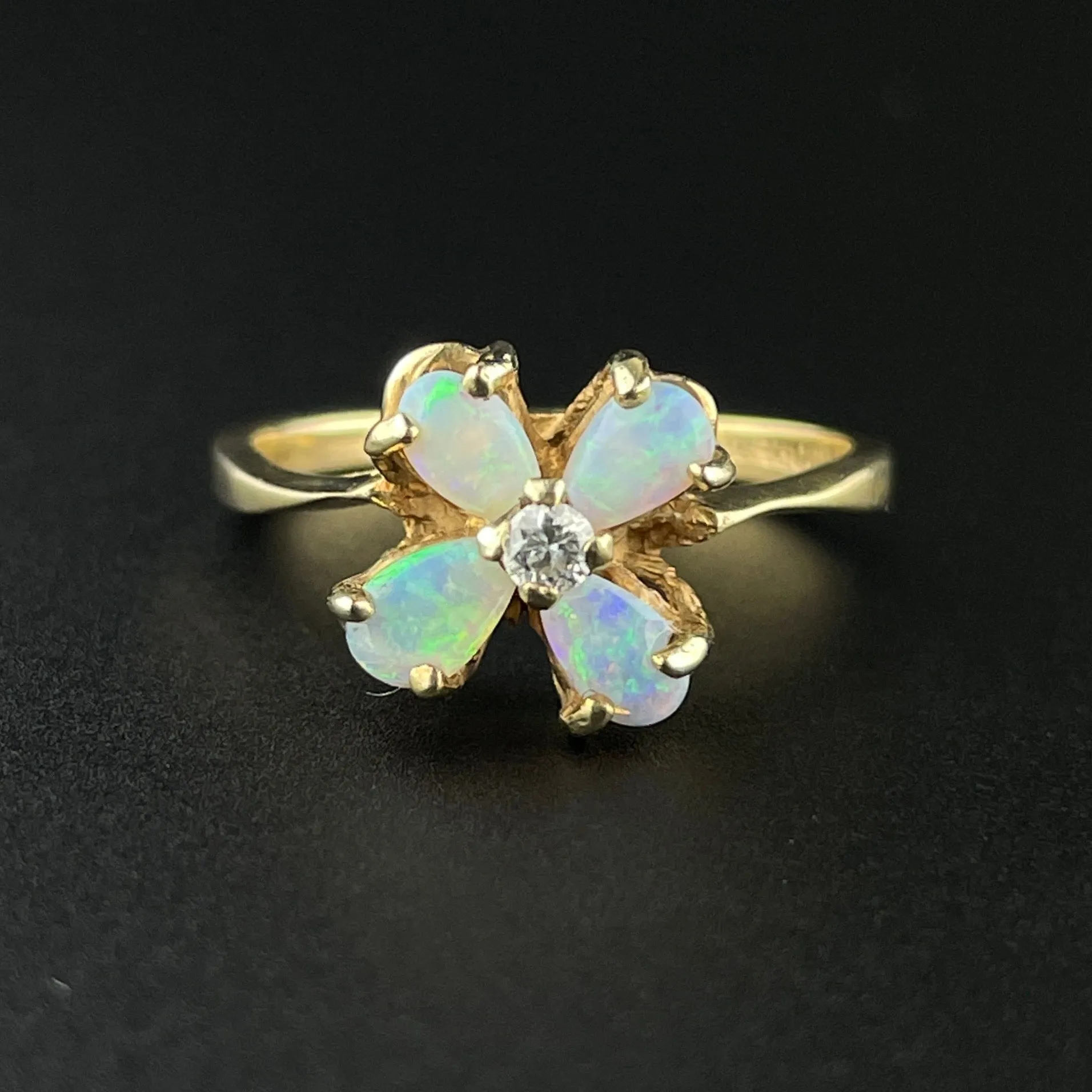 10K Gold Diamond Opal Flower Ring, Sz 6 3/4