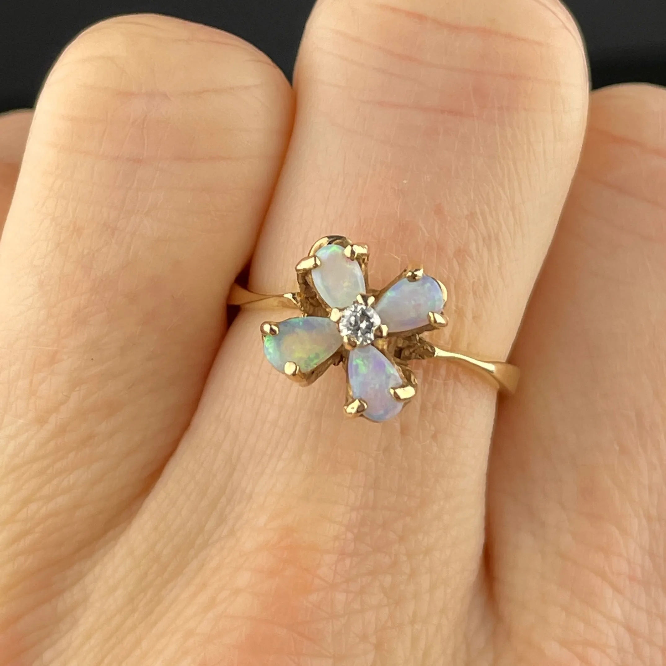 10K Gold Diamond Opal Flower Ring, Sz 6 3/4