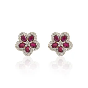 18K Gold Ruby Cherry Blossom Flower Earrings