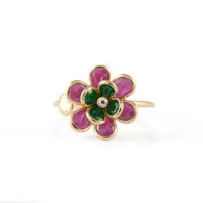 18K Yellow Gold Multi Precious Flower Ring