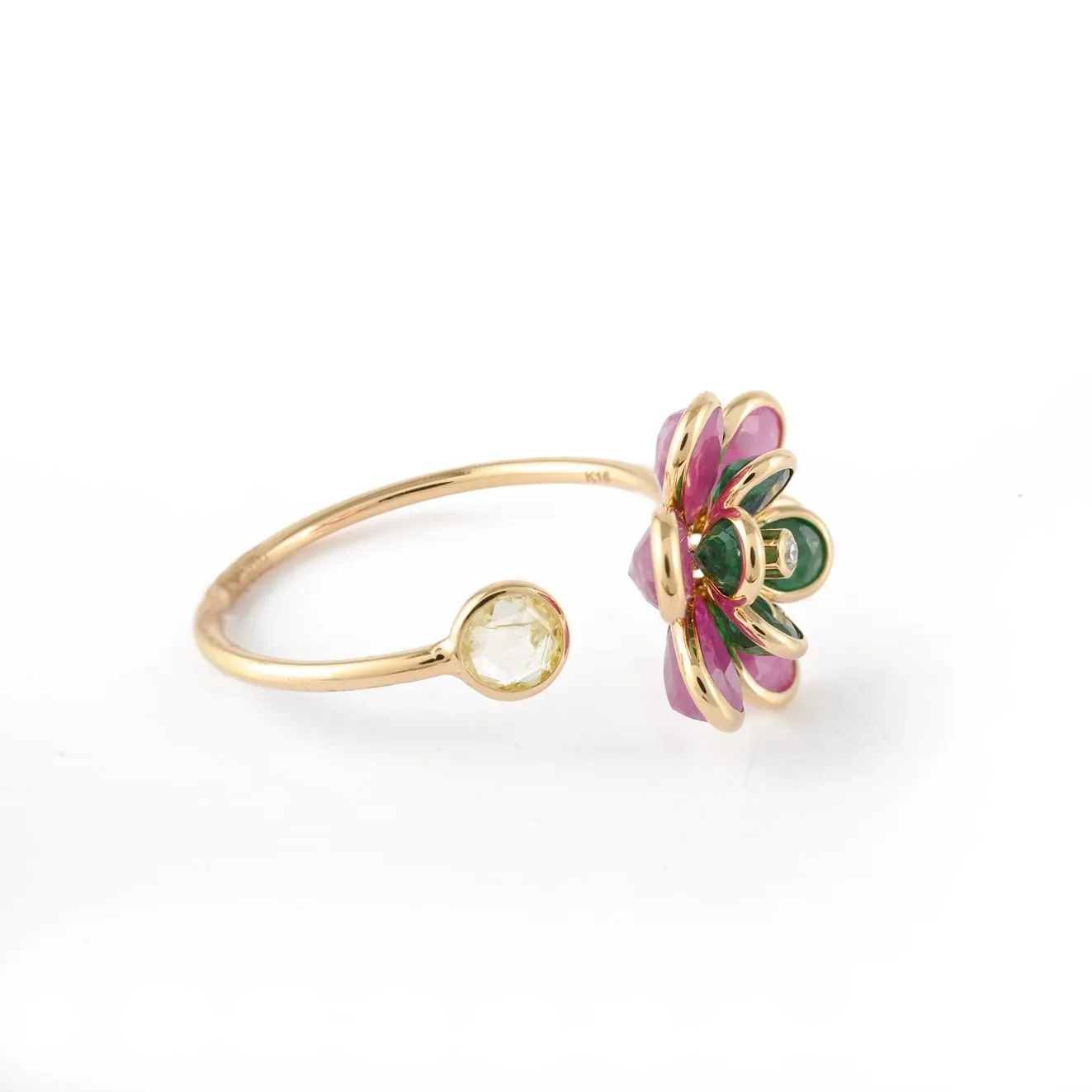 18K Yellow Gold Multi Precious Flower Ring