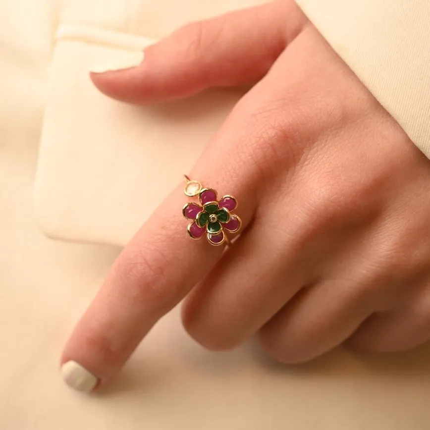 18K Yellow Gold Multi Precious Flower Ring