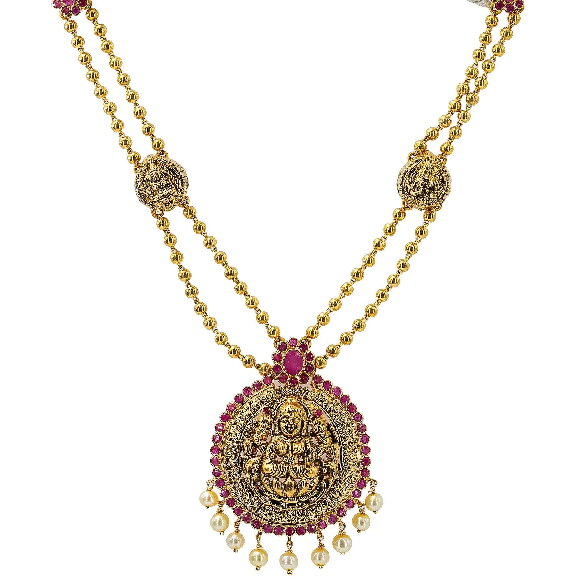 22K Yellow Antique Gold Laxmi Necklace W/ Rubies, Pearls, Double Ball Strands & Adjustable Drawstring Closure