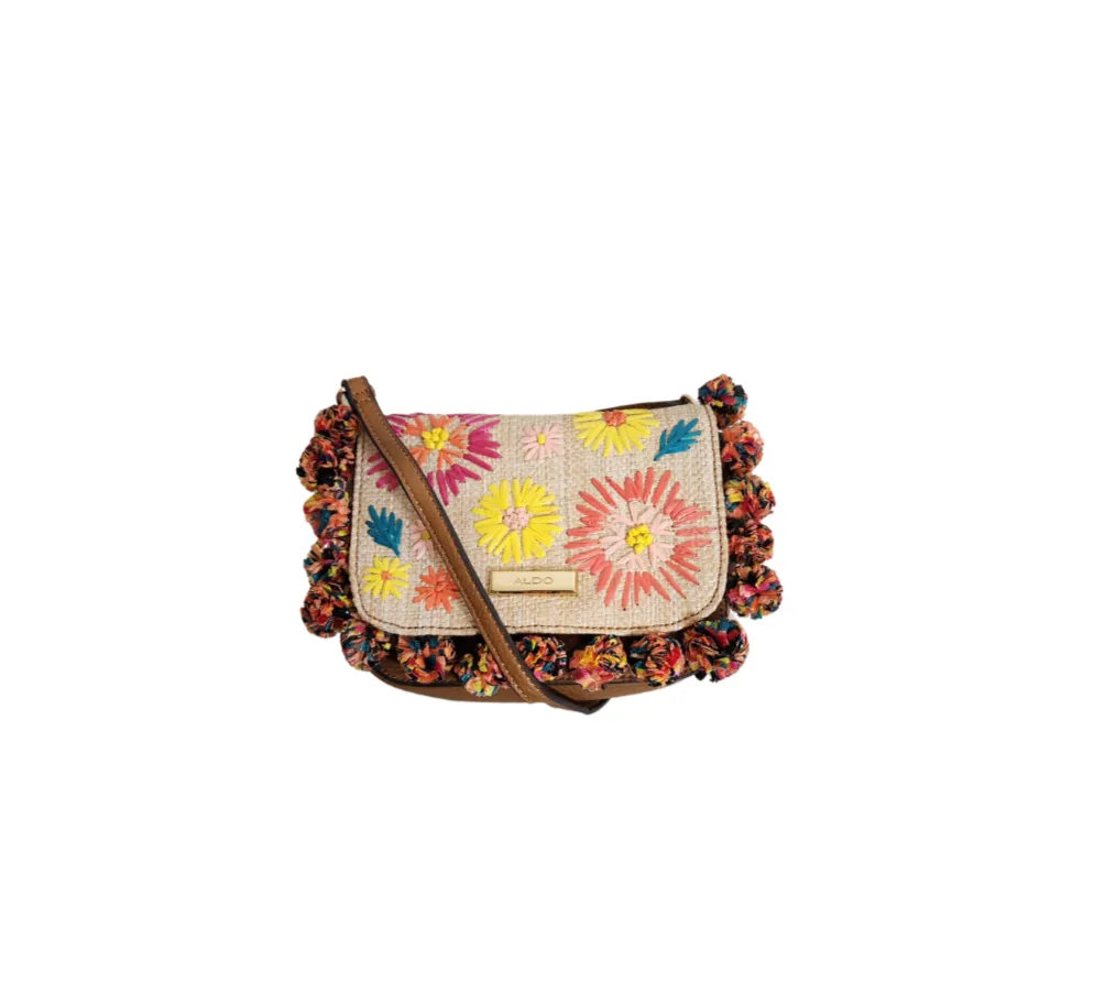 Aldo Tan and Straw Floral Pom Pom Convertible Crossbody Bag | Pre Loved |