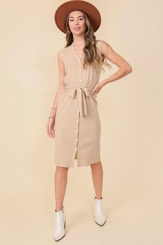 Amy V-Neck Sleeveless Knee Length Dress W/Waist Tie