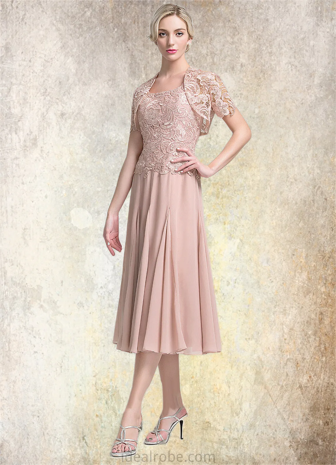 Belinda A-Line Square Neckline Tea-Length Chiffon Mother of the Bride Dress STK126P0014947