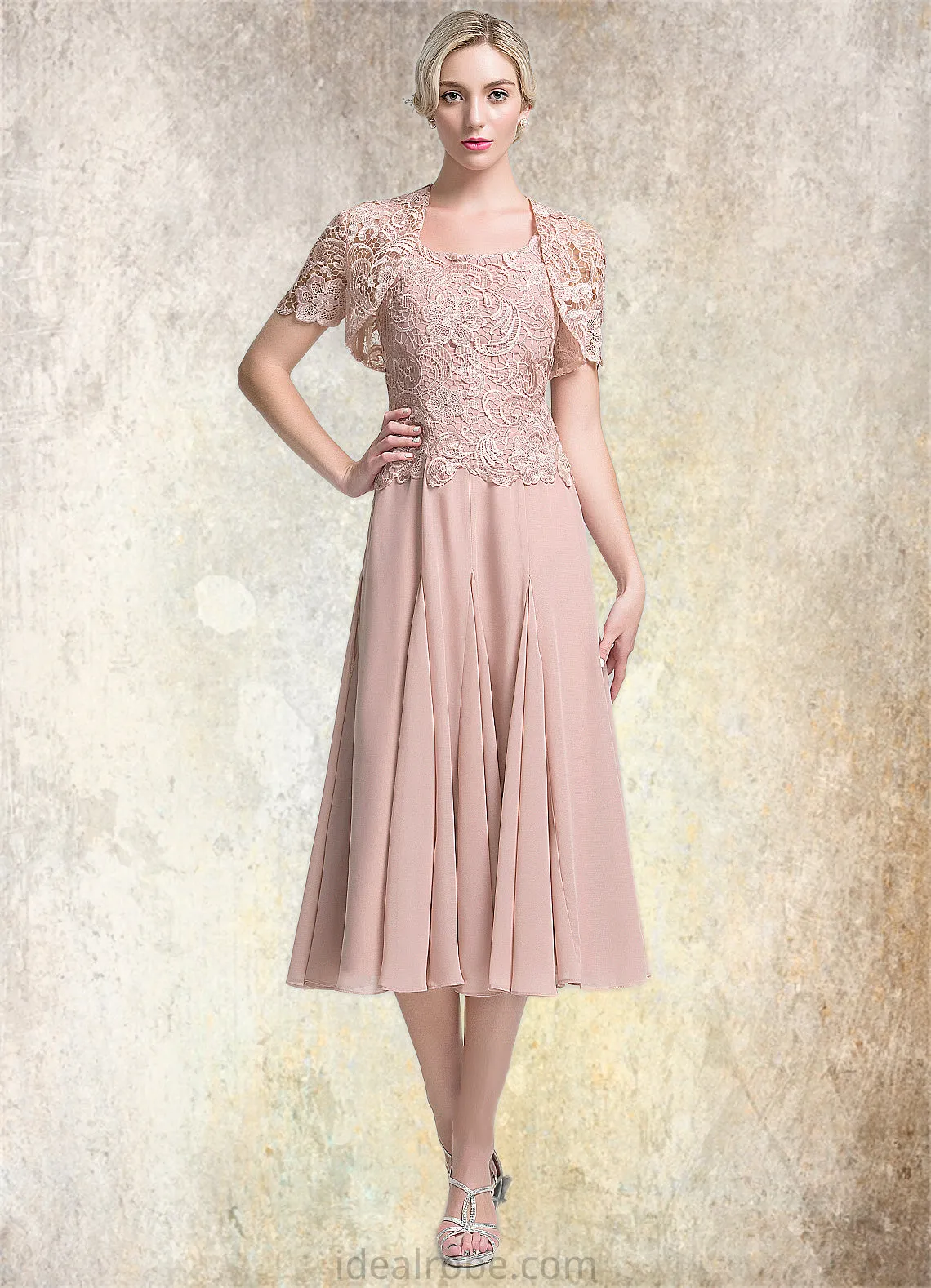 Belinda A-Line Square Neckline Tea-Length Chiffon Mother of the Bride Dress STK126P0014947