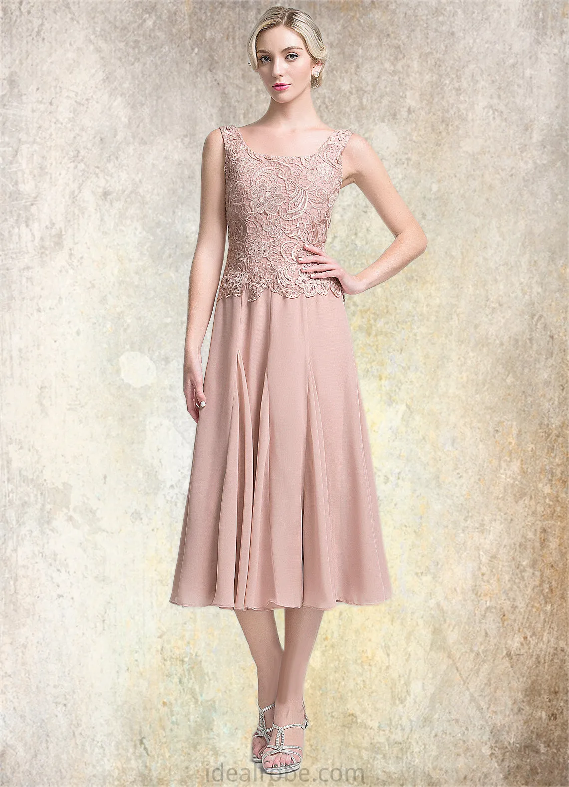 Belinda A-Line Square Neckline Tea-Length Chiffon Mother of the Bride Dress STK126P0014947