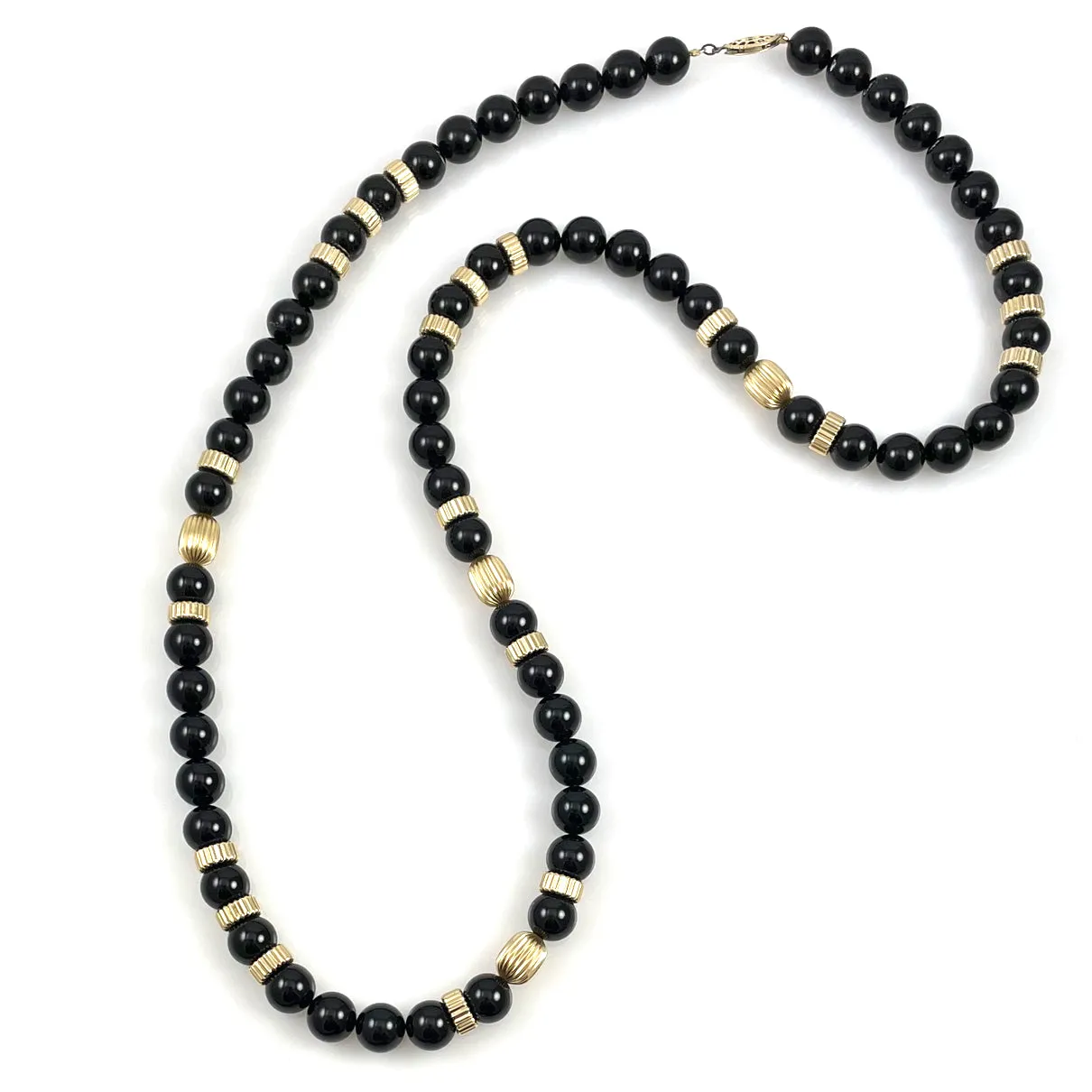 Black Onyx & Gold Beaded Necklace Opera