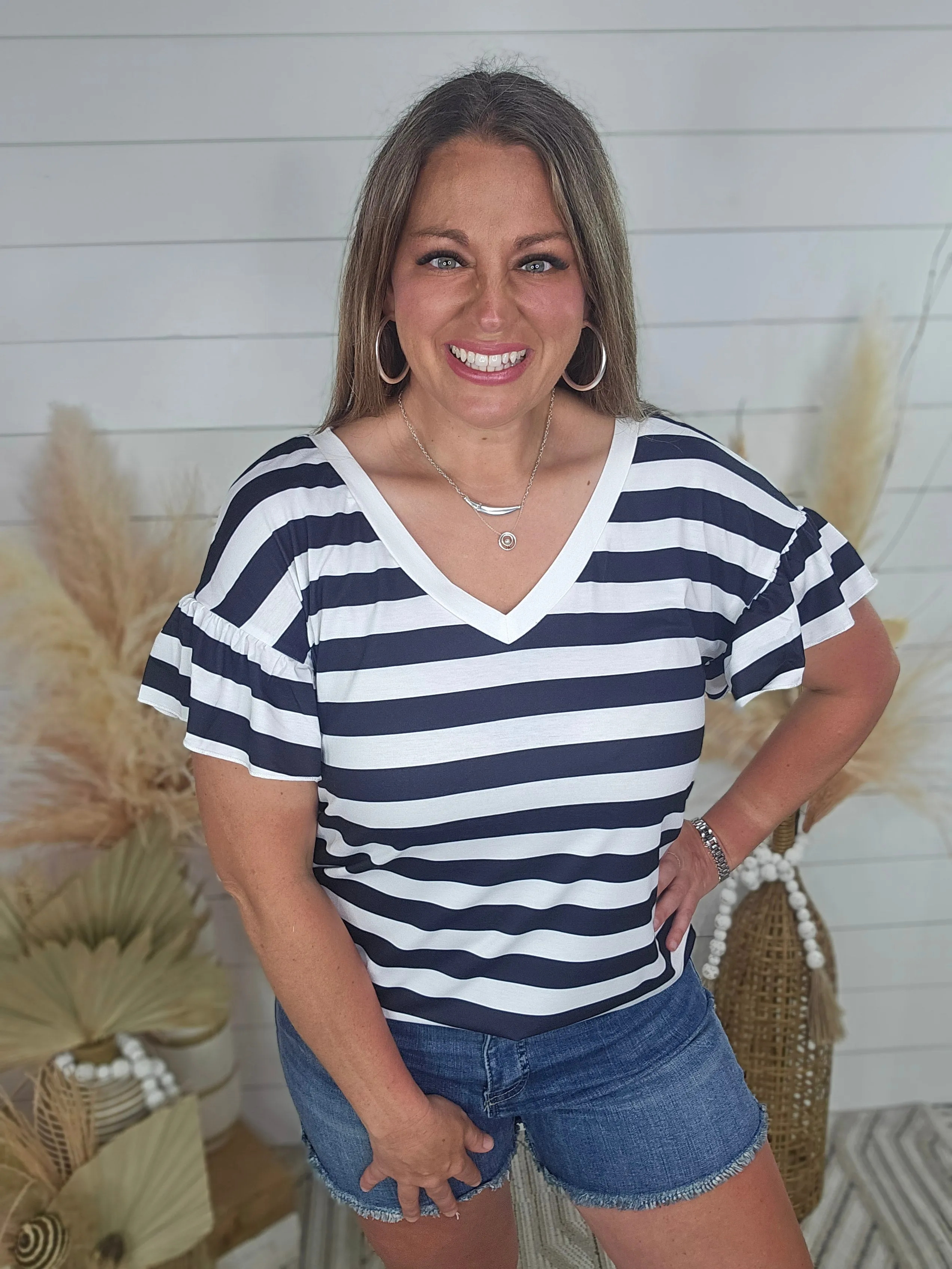 BLACK/WHITE STRIPED V NECK RUFFLE SLEEVE TOP