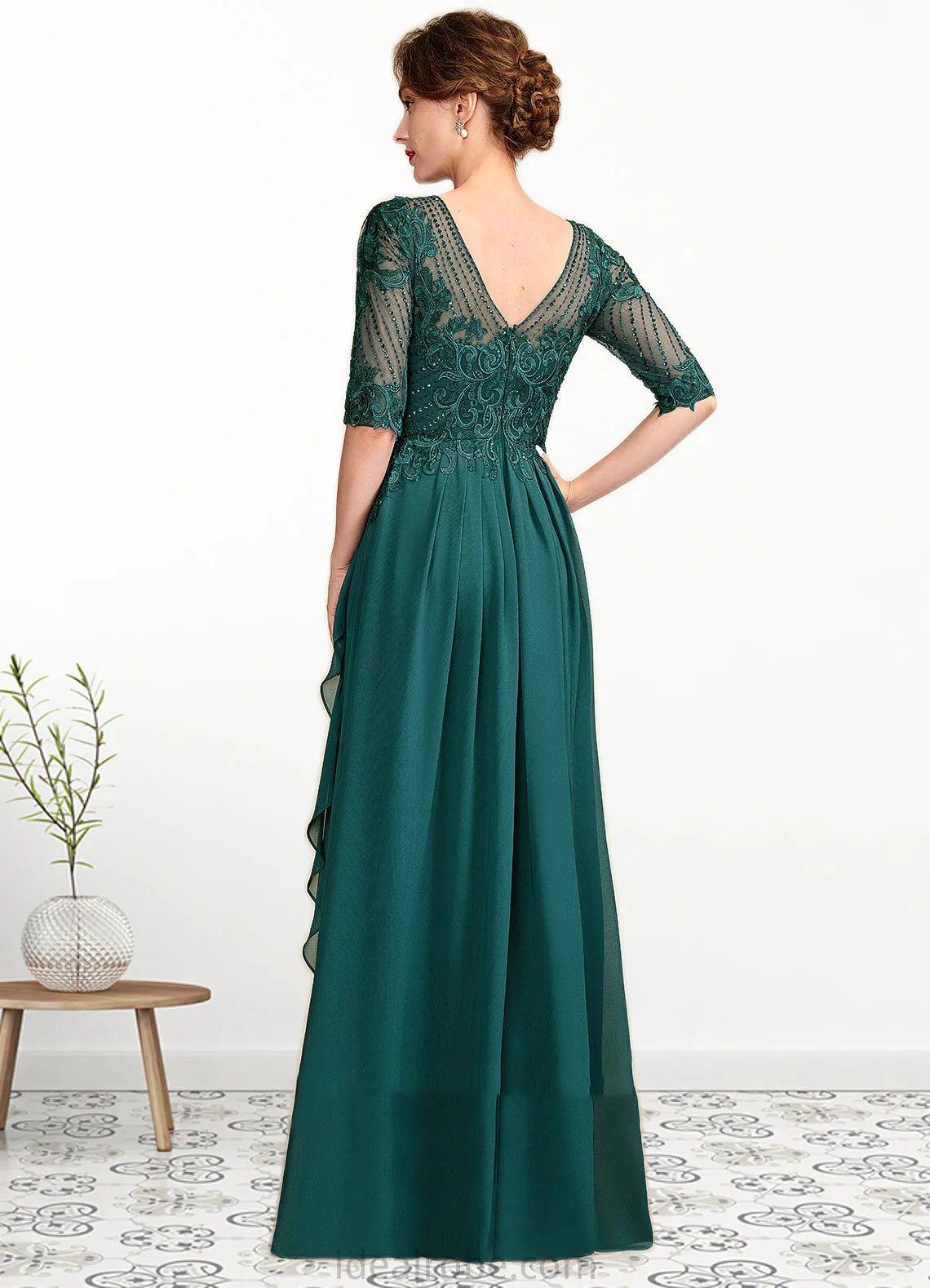 Brianna A-Line Scoop Neck Floor-Length Chiffon Lace Mother of the Bride Dress With Beading Sequins Cascading Ruffles STK126P0015027