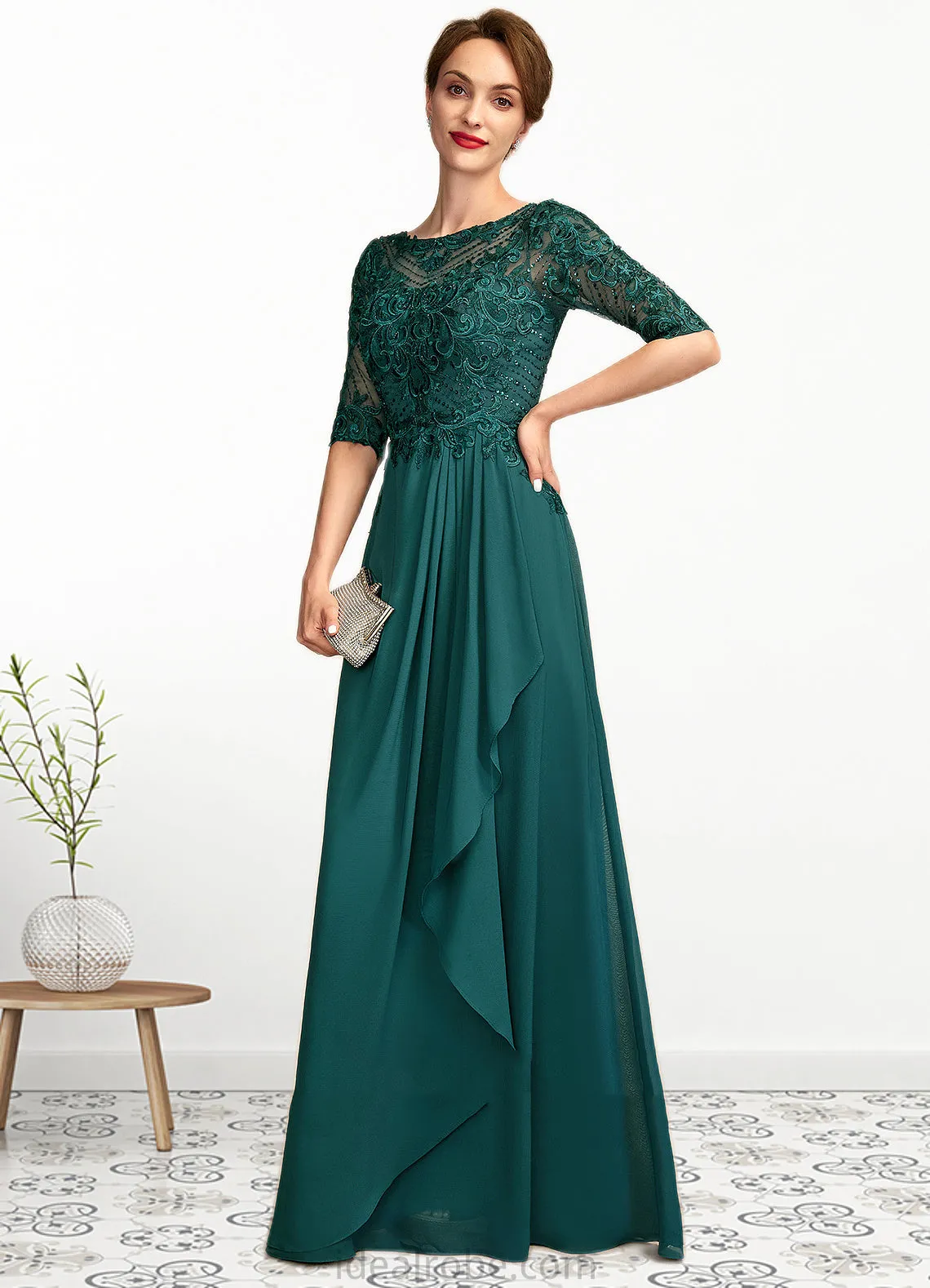 Brianna A-Line Scoop Neck Floor-Length Chiffon Lace Mother of the Bride Dress With Beading Sequins Cascading Ruffles STK126P0015027