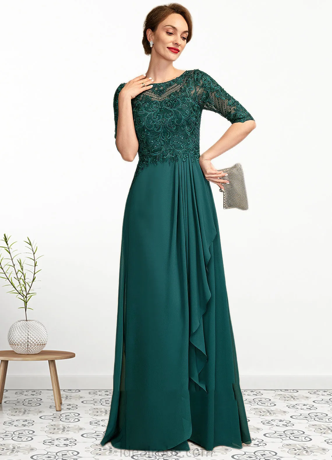 Brianna A-Line Scoop Neck Floor-Length Chiffon Lace Mother of the Bride Dress With Beading Sequins Cascading Ruffles STK126P0015027