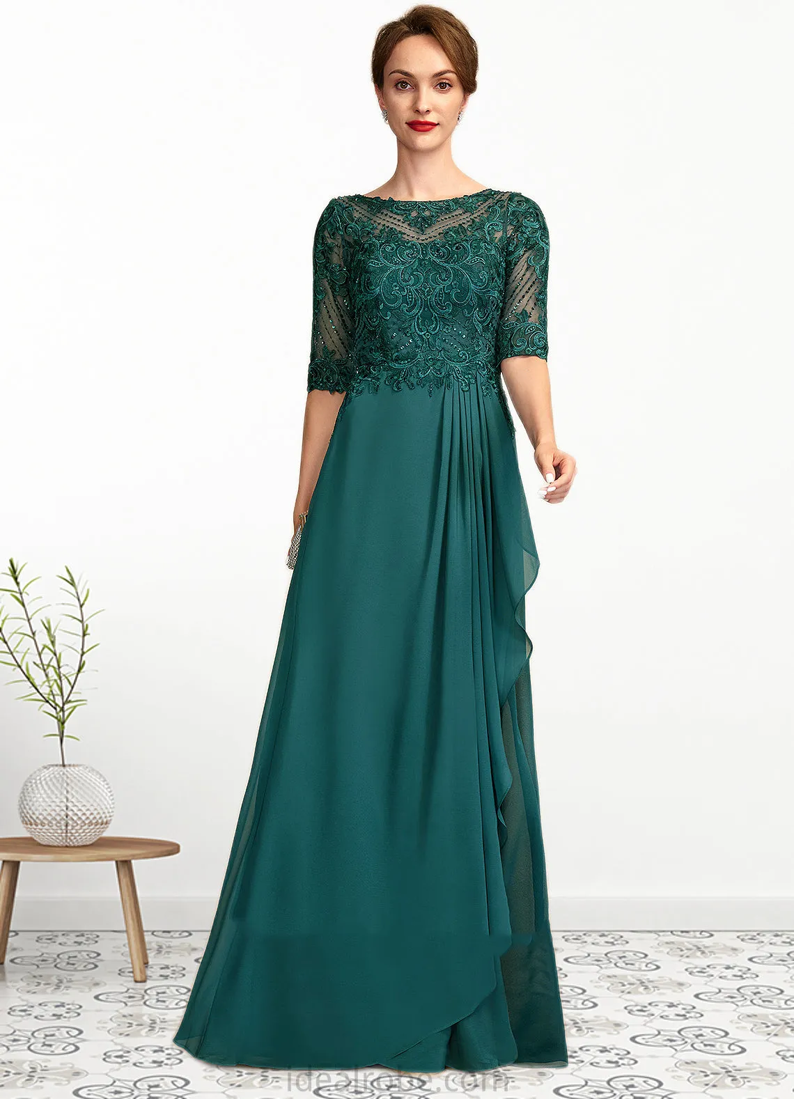 Brianna A-Line Scoop Neck Floor-Length Chiffon Lace Mother of the Bride Dress With Beading Sequins Cascading Ruffles STK126P0015027