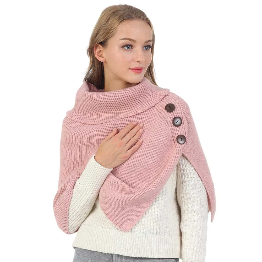 Button Pointed Slit Turtleneck Knit Shawl Scarf