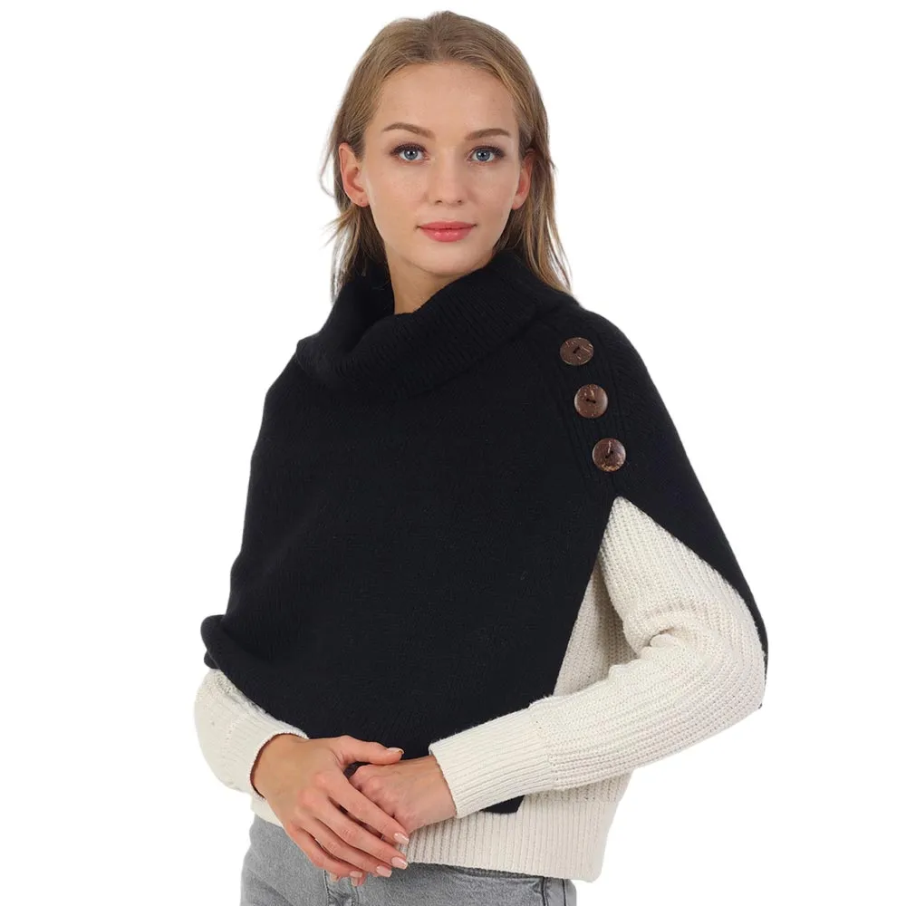 Button Pointed Slit Turtleneck Knit Shawl Scarf