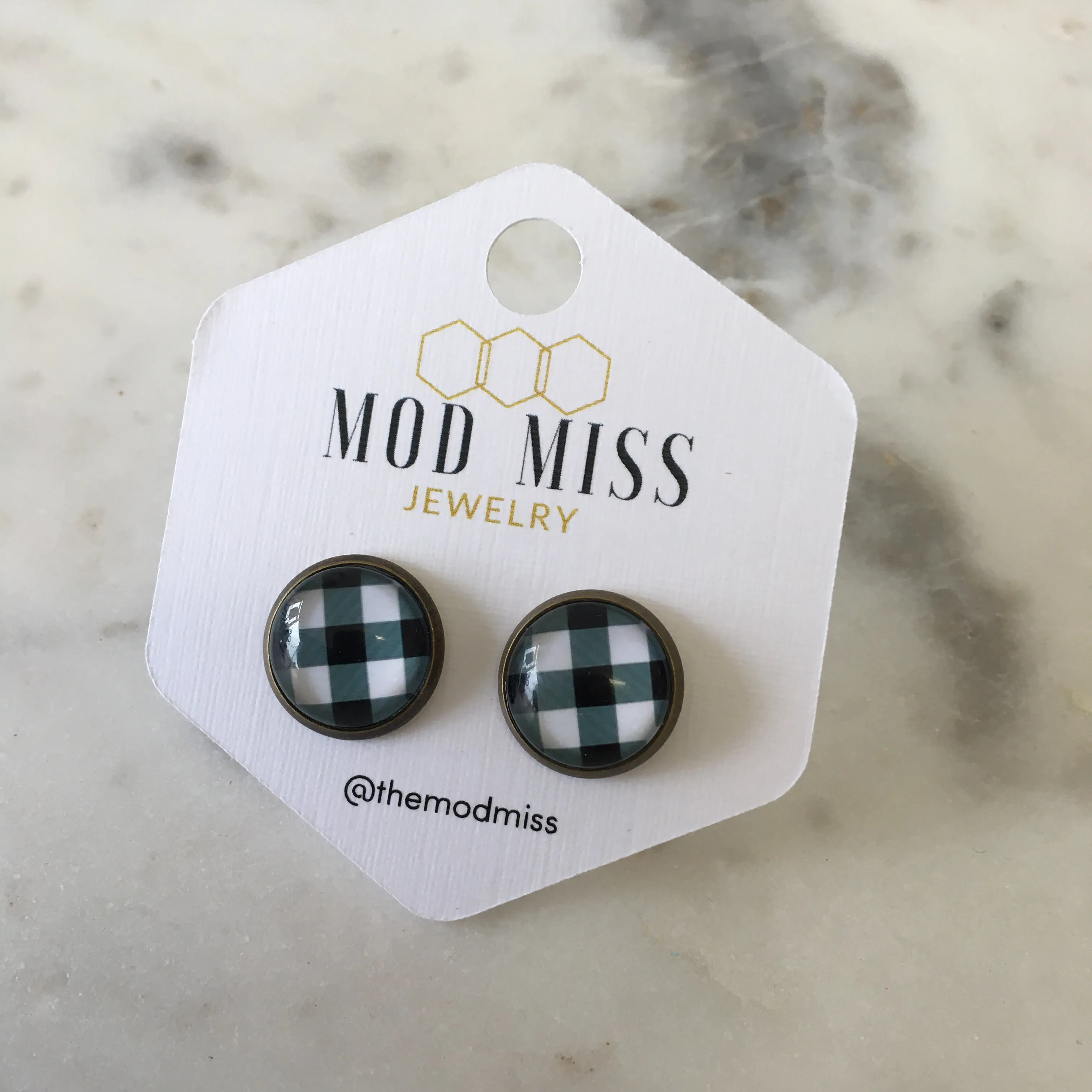 Cam Stud Earring White & Black Buffalo Plaid