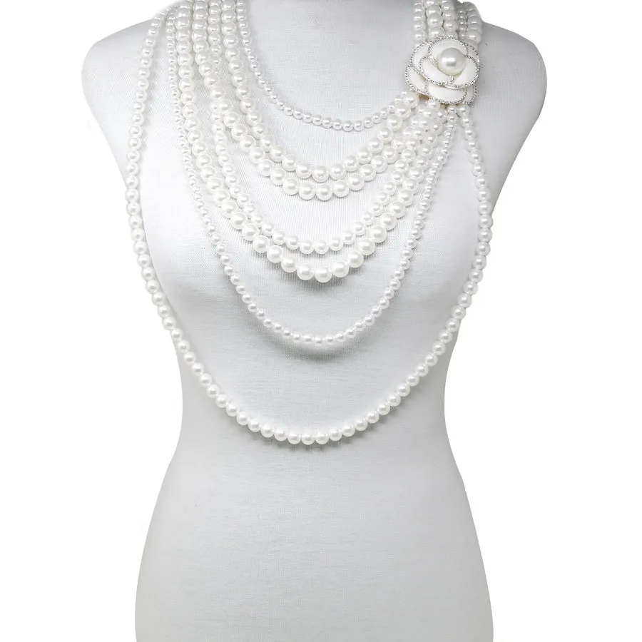 Camellia Flower Long Layered Pearl Necklace