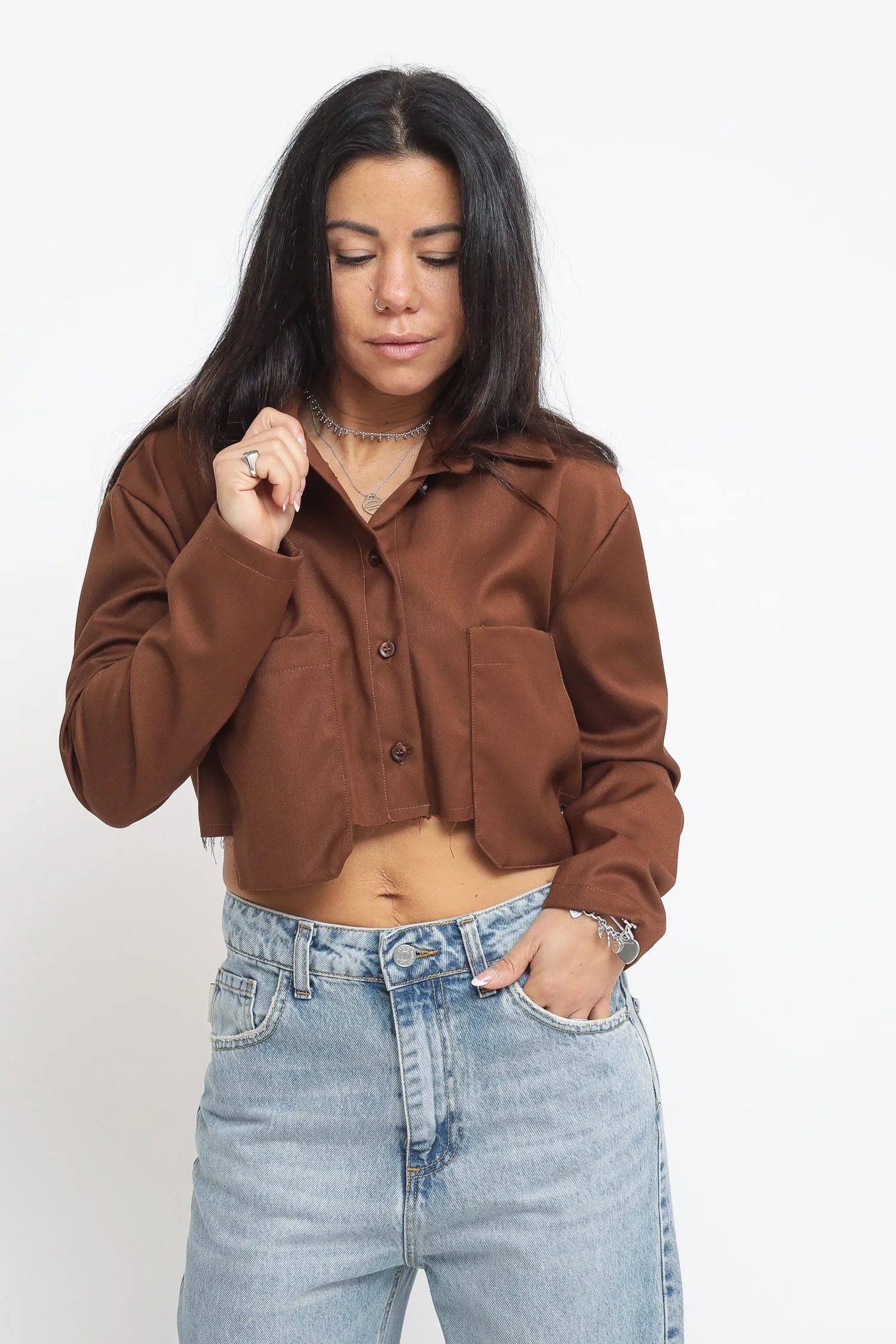 Camicia Crop Con Due Tasche - Bruciato