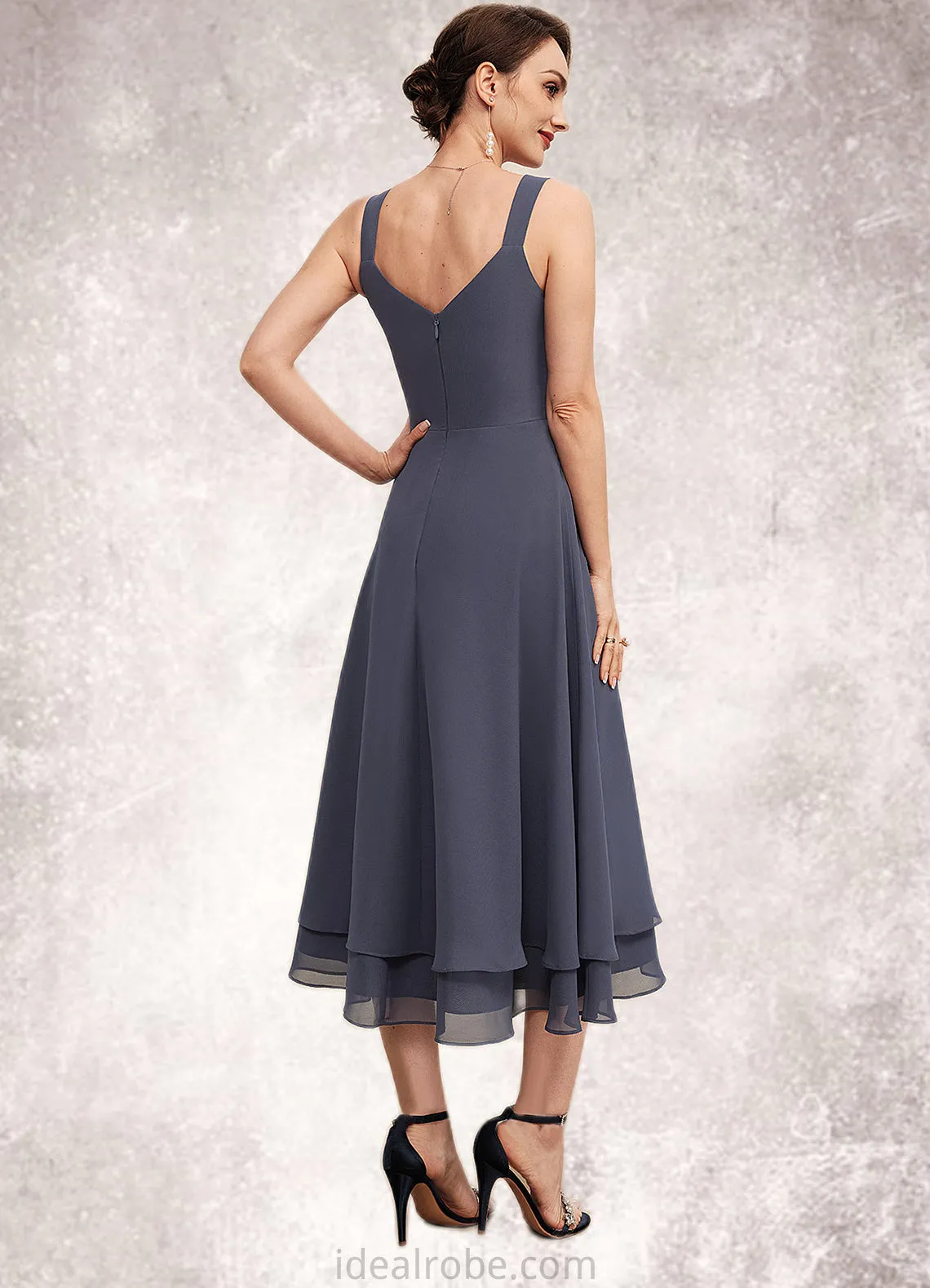 Carolyn A-line V-Neck Tea-Length Chiffon Mother of the Bride Dress STK126P0014540