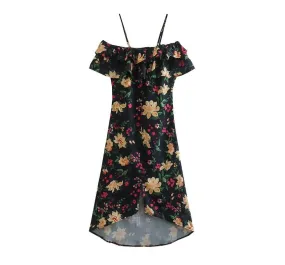 Cold-Shoulder Floral Ruffle Midi A-Line Dress kk6