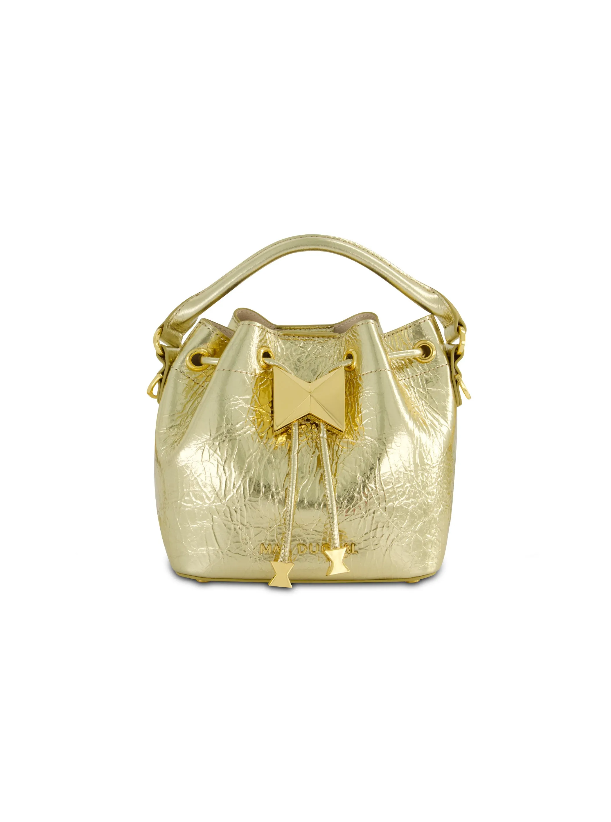 Crinkle Metallic Gold Leather Mini Bucket Bag with Detachable Strap