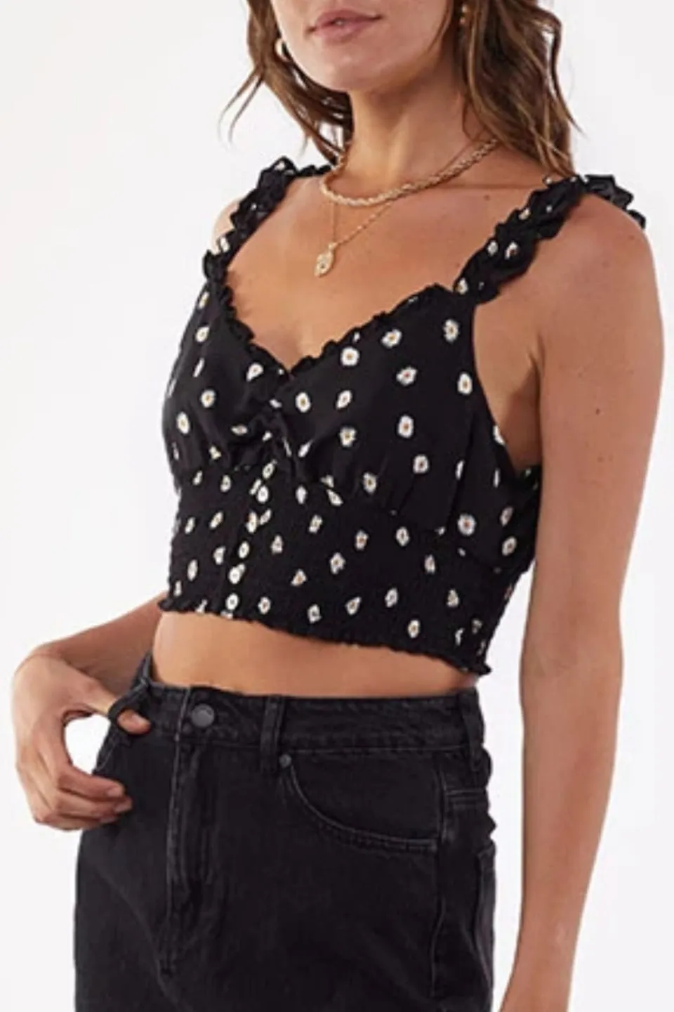 Cropped Black Daisy Days Shirred Crop Top