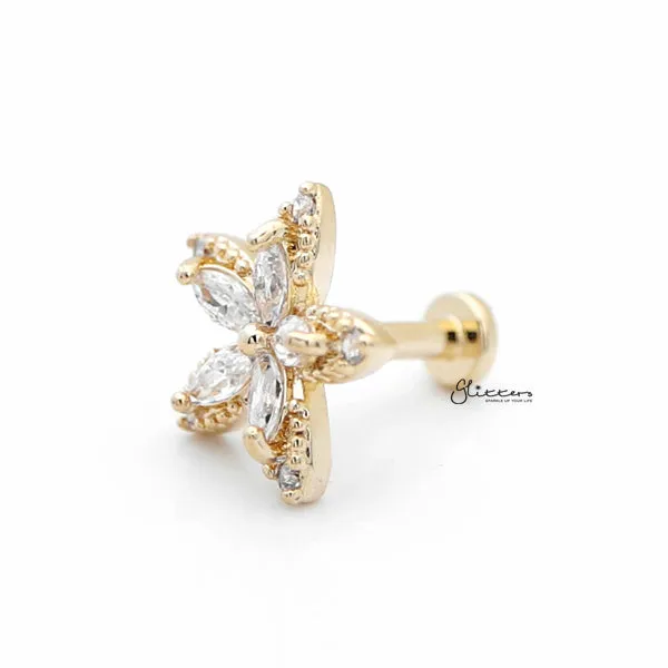 C.Z Flower Internally Threaded Top Cartilage/Tragus Flat Back Stud - Gold