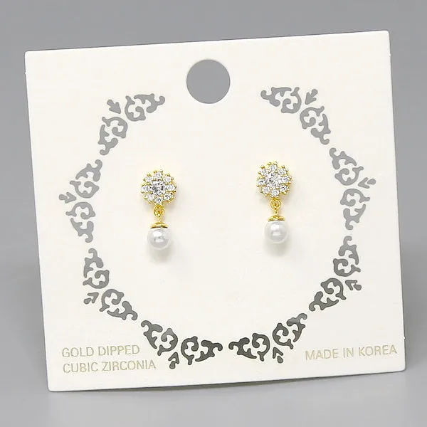 CZ Flower With Pearl Drop Earrings