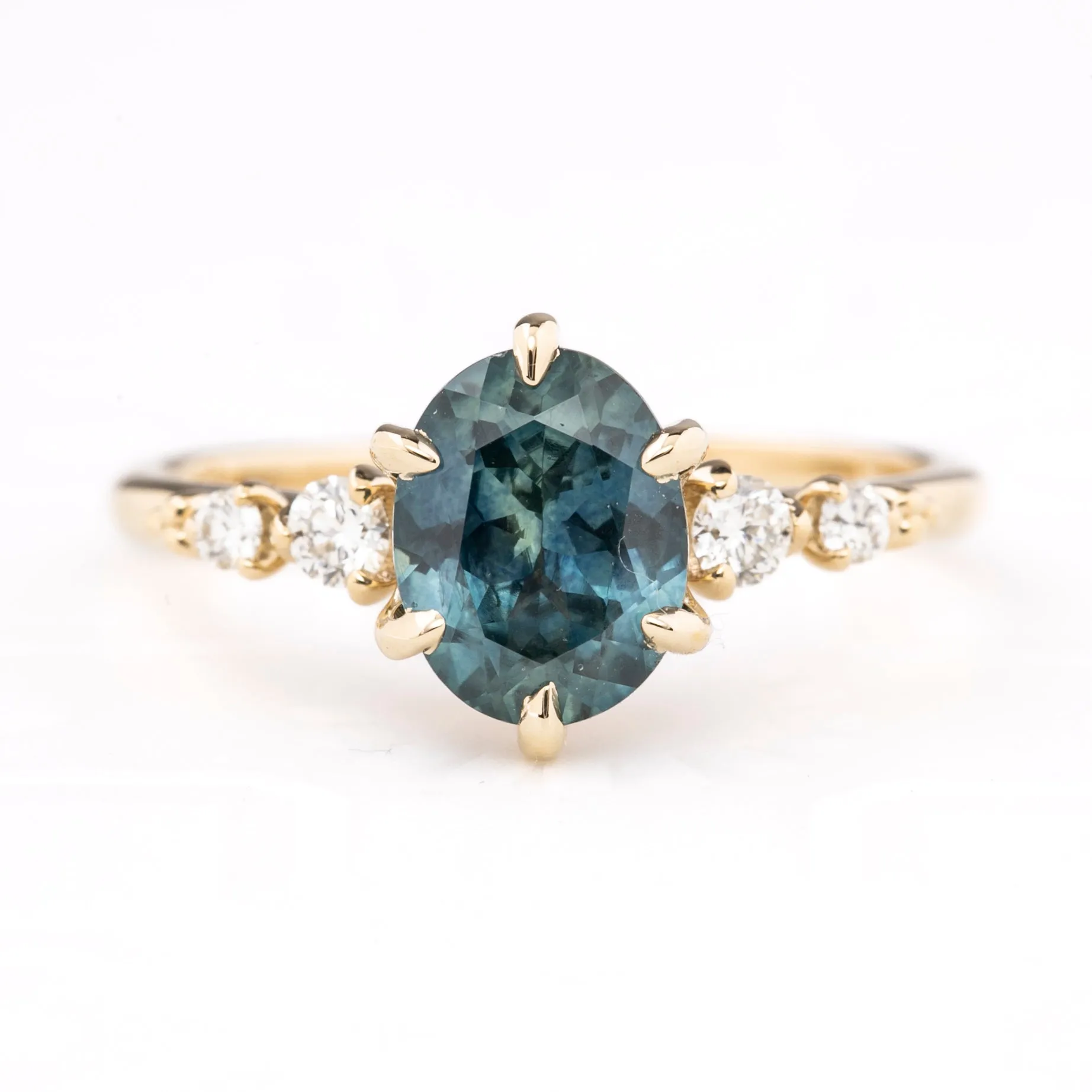 Estel Fleur Ring 1.89ct Blue Green Oval Montana Sapphire, 14K Yellow Gold (One of a kind)