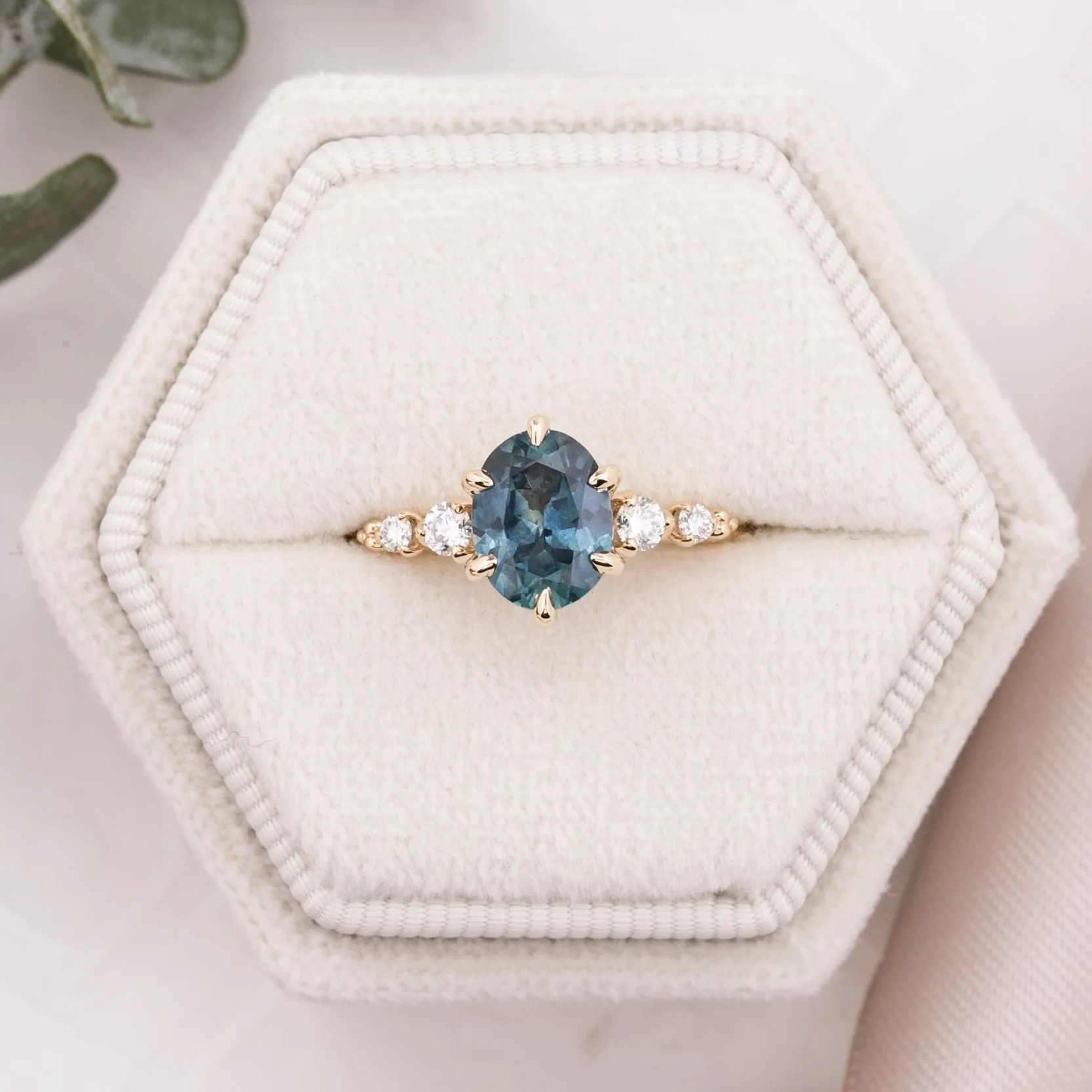 Estel Fleur Ring 1.89ct Blue Green Oval Montana Sapphire, 14K Yellow Gold (One of a kind)