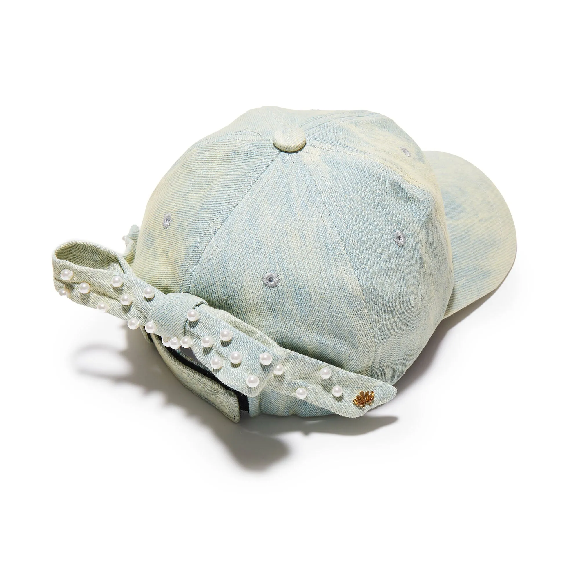 FADED DENIM BOW EMBELLISHED DENIM BASEBALL CAP