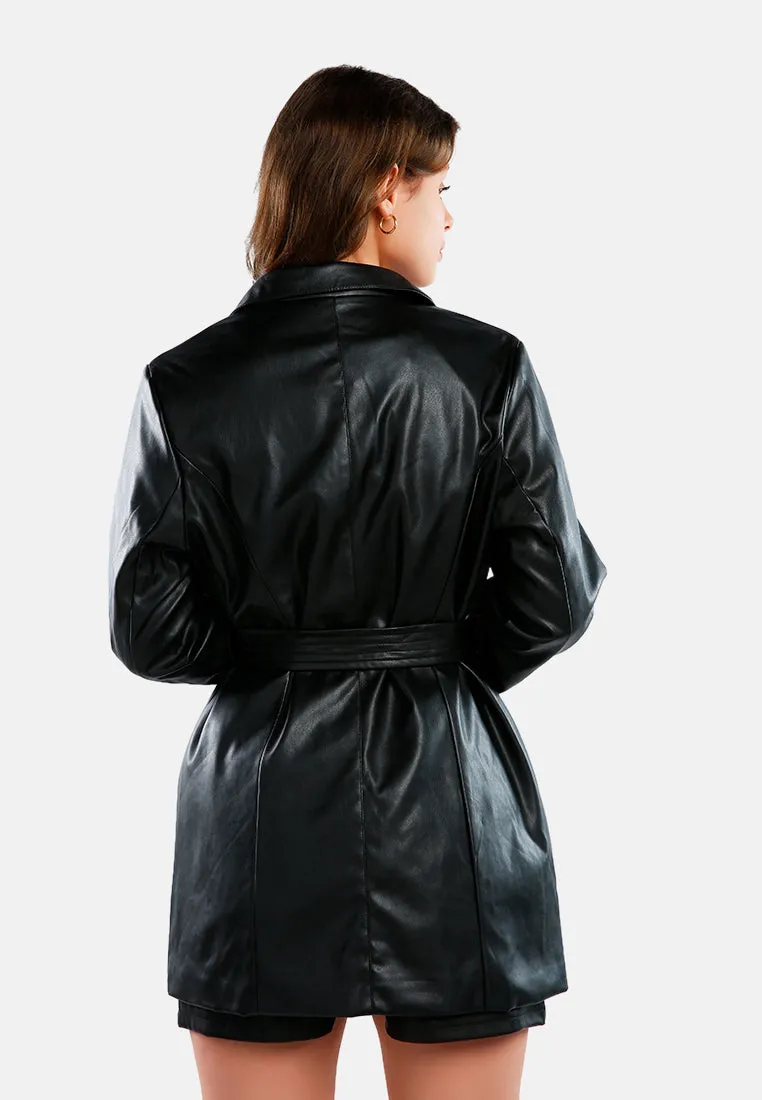 Faux Leather Wrap Around Coat