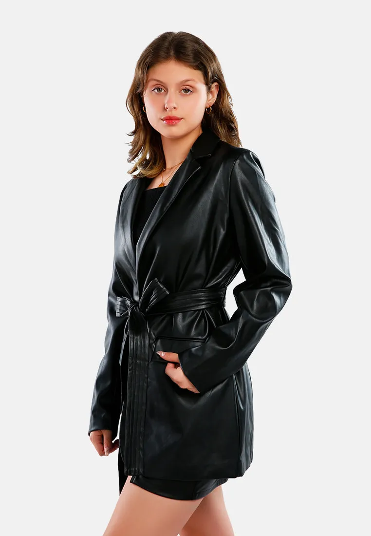 Faux Leather Wrap Around Coat