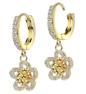 Gold PVD Flower CZ Stainless Steel Hoop Earrings