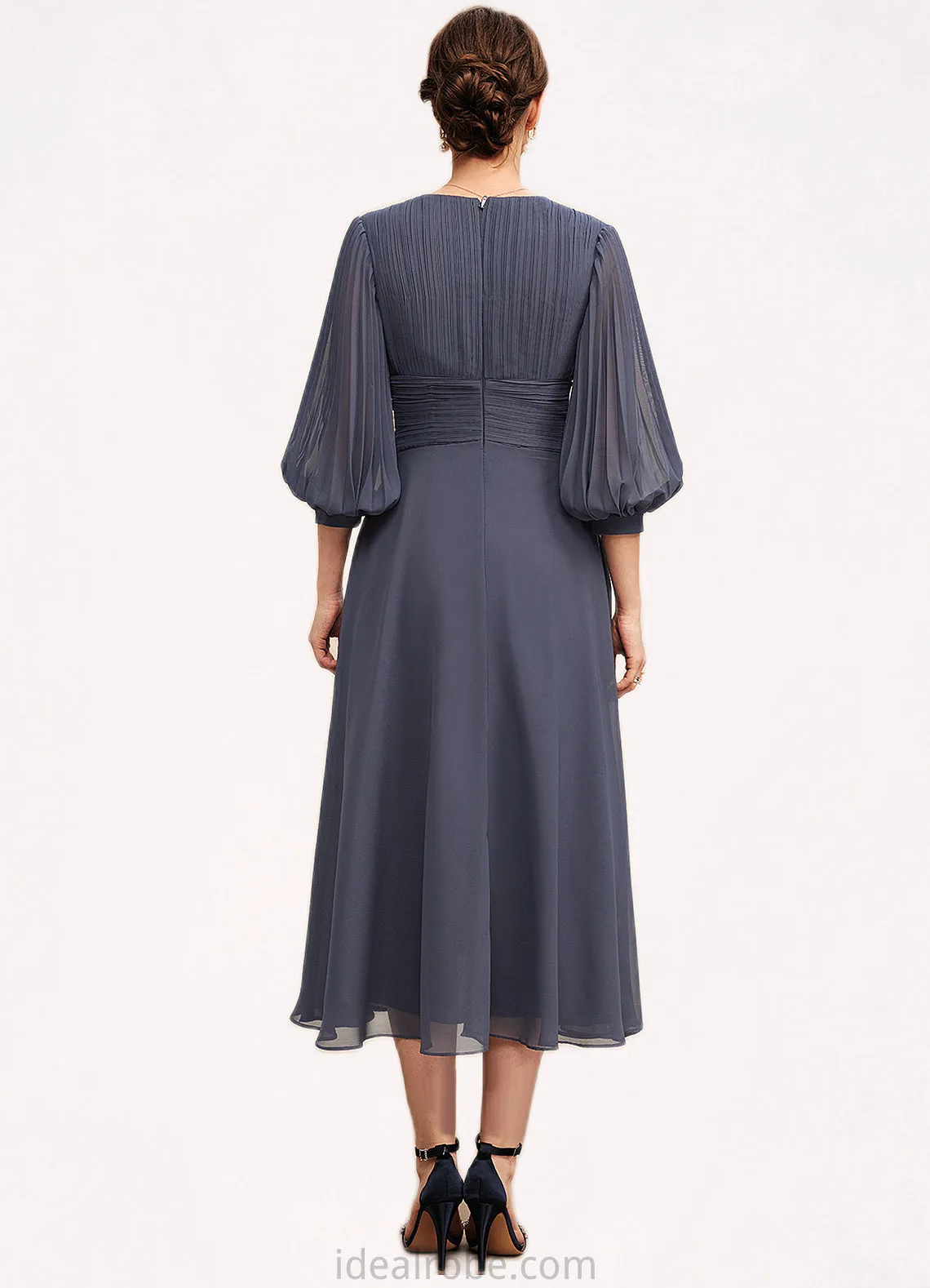 Gracie A-Line V-neck Tea-Length Chiffon Mother of the Bride Dress With Ruffle STK126P0014566