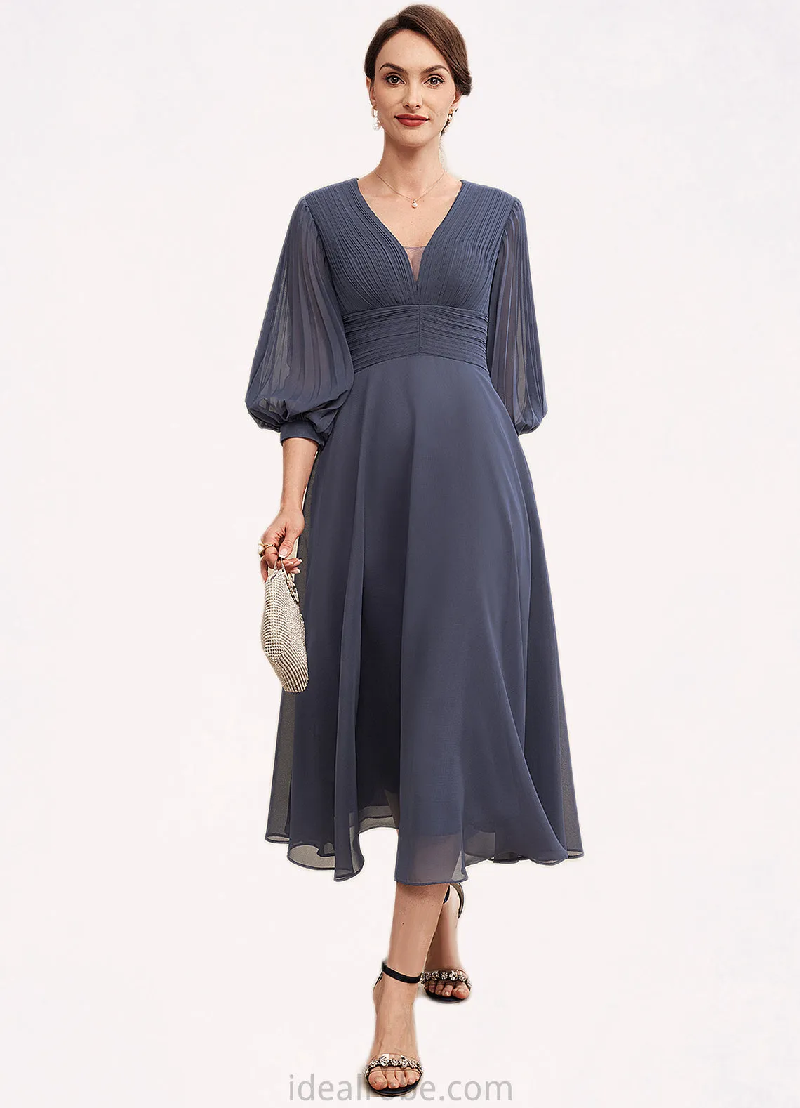 Gracie A-Line V-neck Tea-Length Chiffon Mother of the Bride Dress With Ruffle STK126P0014566