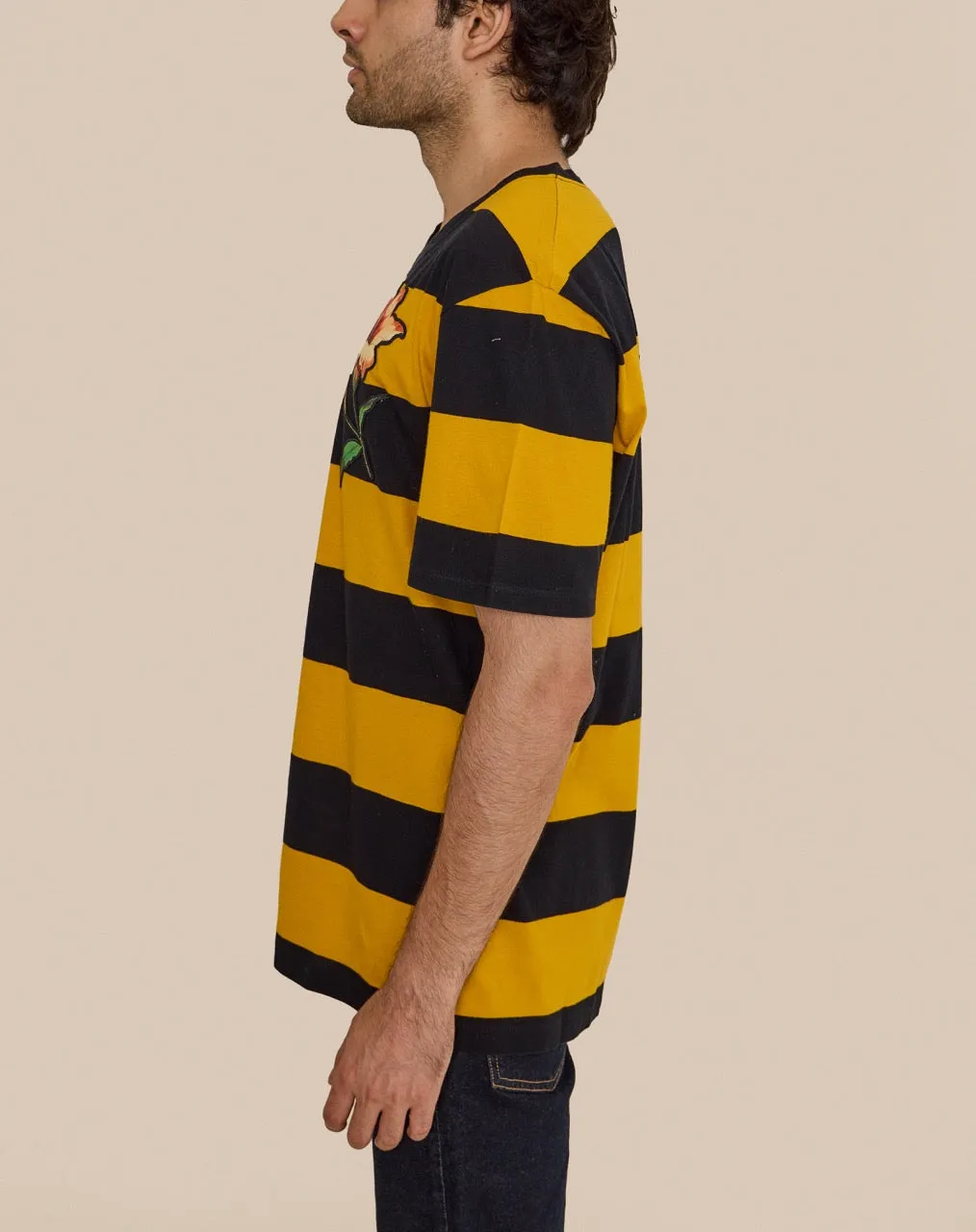 GUCCI YELLOW BLACK STRIPES FLOWER TEE