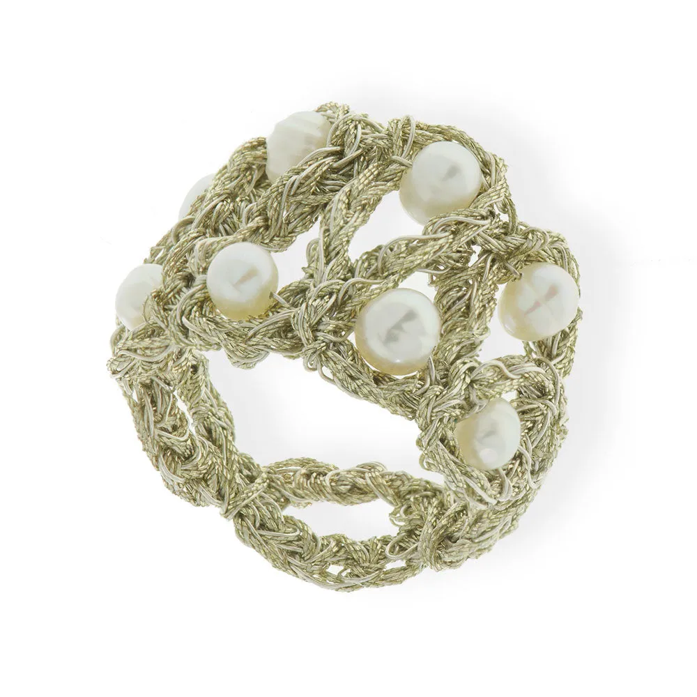 Handmade Gold Plated Crochet Knit Ring With Pearls