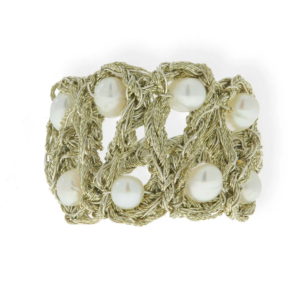 Handmade Gold Plated Crochet Knit Ring With Pearls