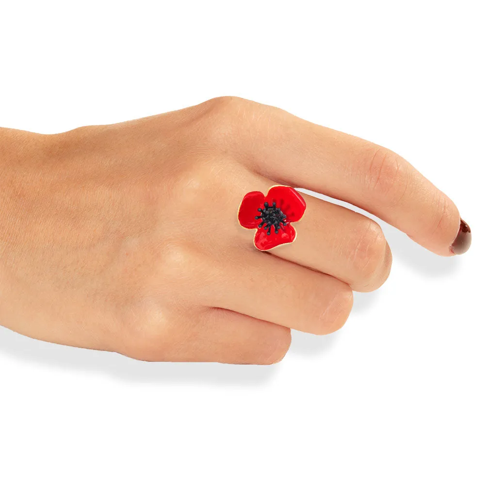 Handmade Gold Plated Red Poppy Flower Ring