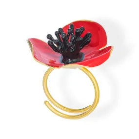 Handmade Gold Plated Red Poppy Flower Ring