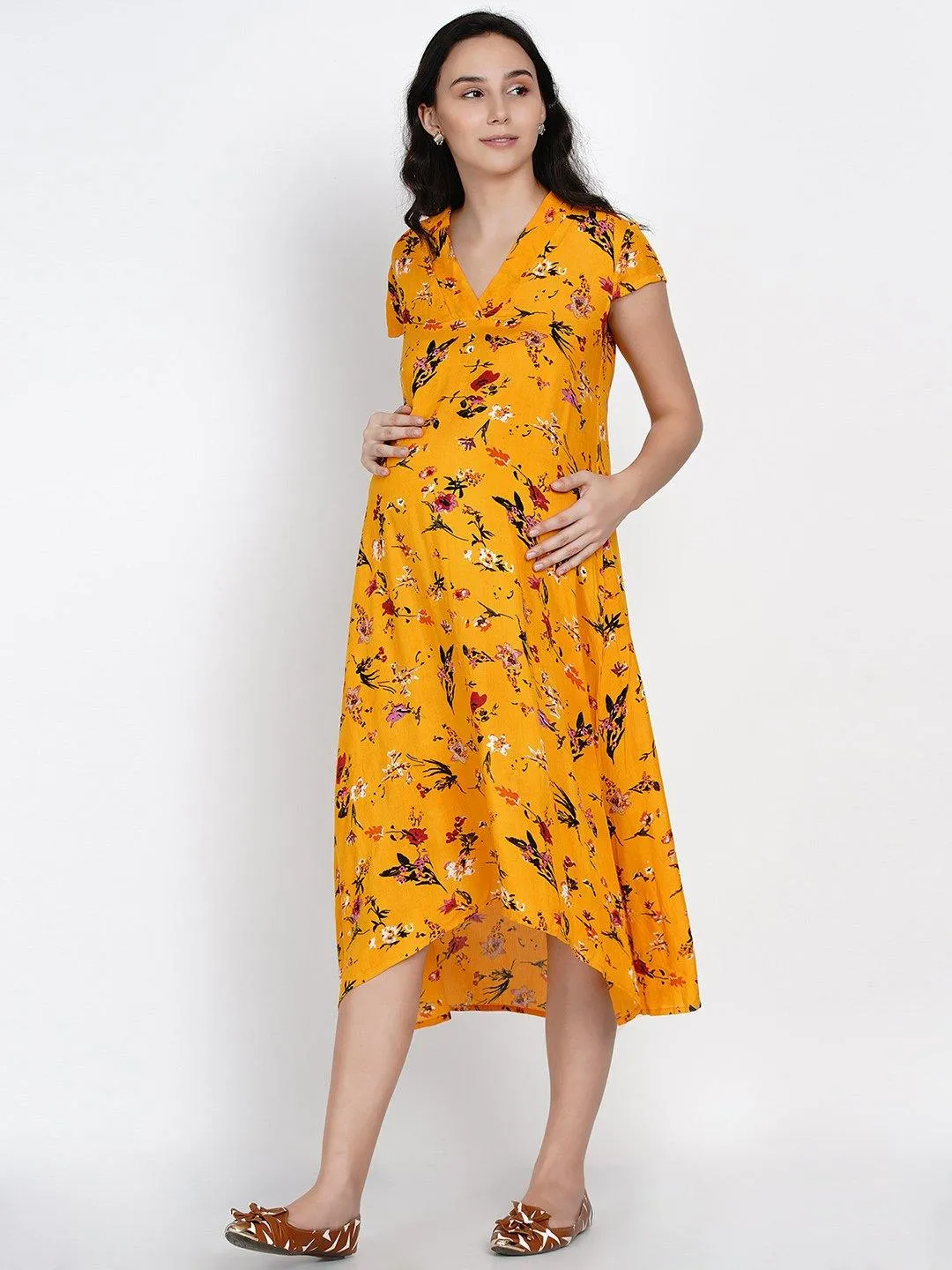 High-Low Yellow Rayon Maternity Dress