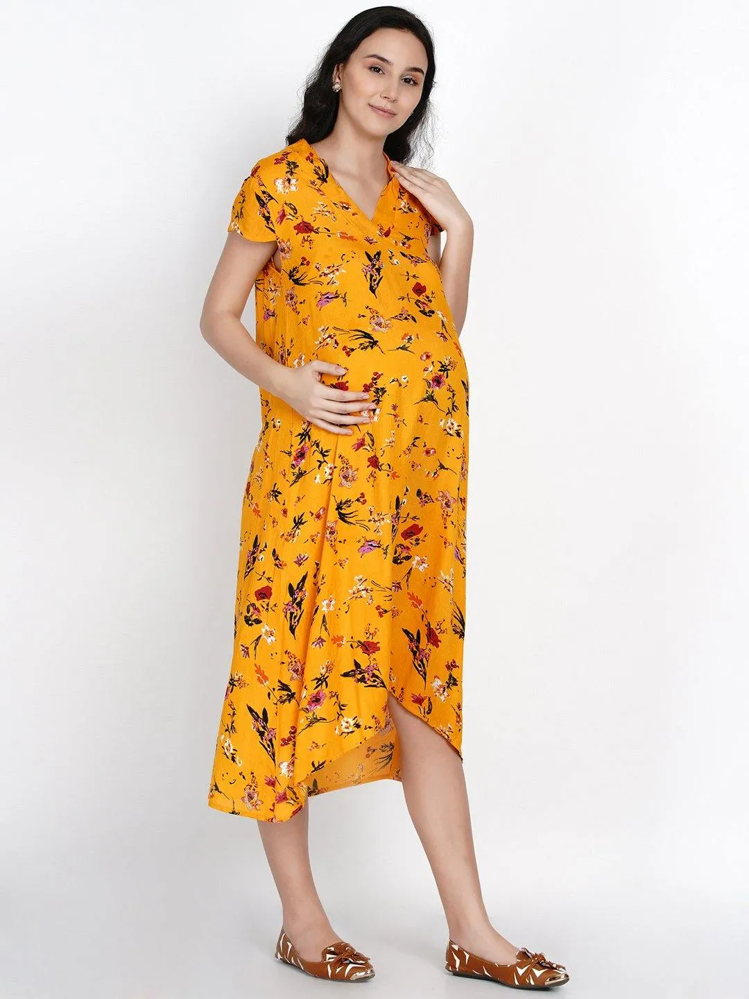 High-Low Yellow Rayon Maternity Dress