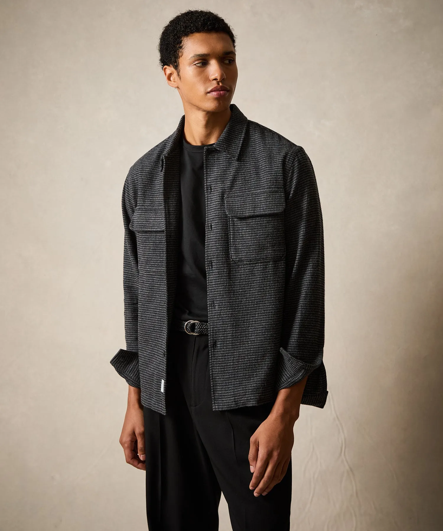 Italian Wool Field Overshirt in Charcoal Houndstooth