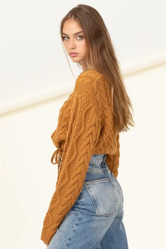 Jr Sweater Crop Tie Bottom - Brown