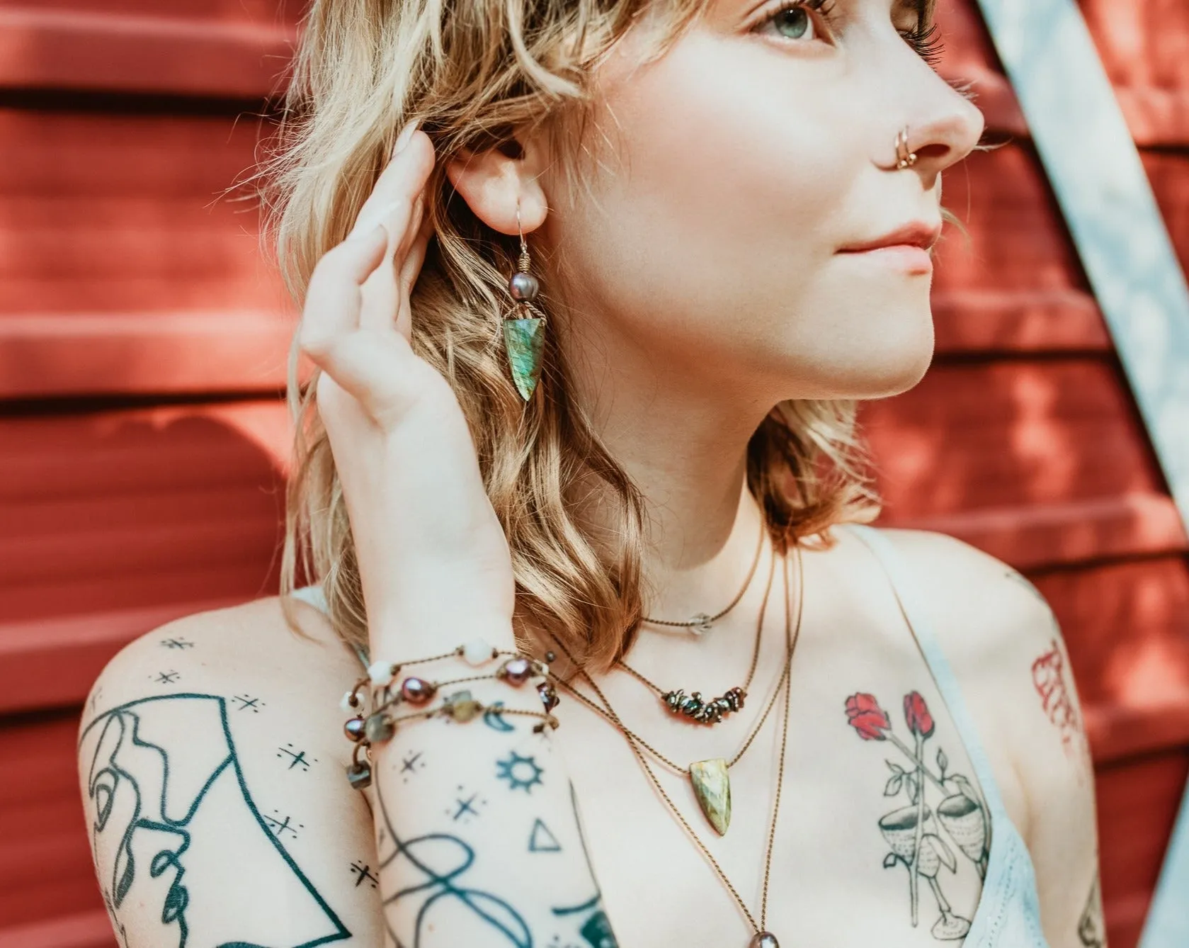 Labradorite Pyramid   Pearl - Earrings