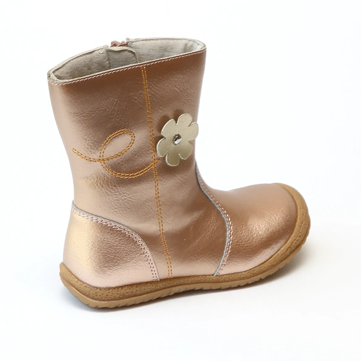 L'Amour Girls Rosegold Leather Flower Mid Boot