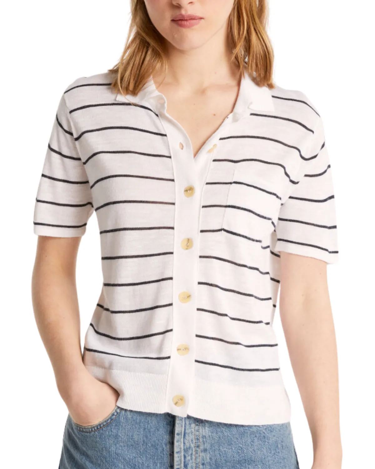 Leonie Striped Button Front Knit Top (Ecru/Navy)